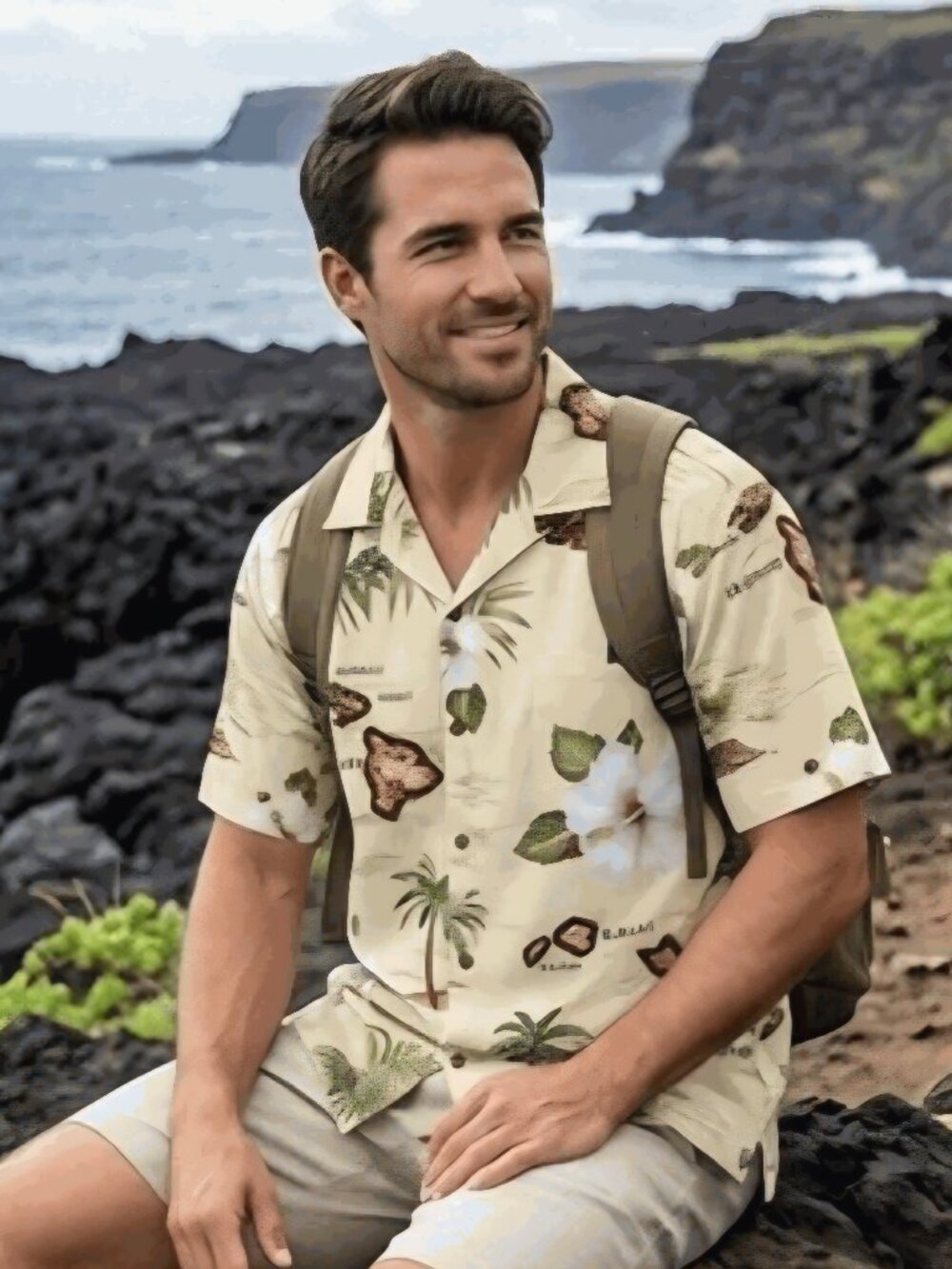 Pacific Legend Apparel Original Men's Hawaiian Shirt Cotton Beige Floral Size M